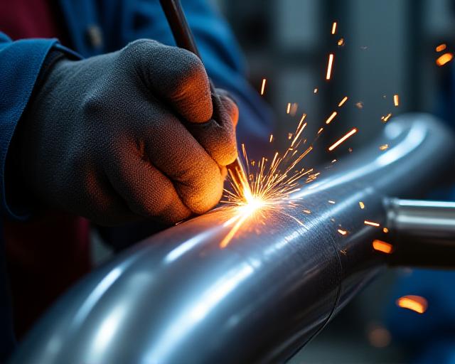 チタン製エキゾーストパイプを溶接するメカニックの手元