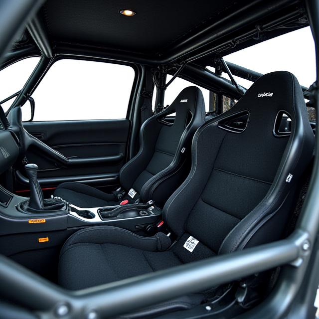 カスタムロールケージが設置されたレーシングカーのインテリア